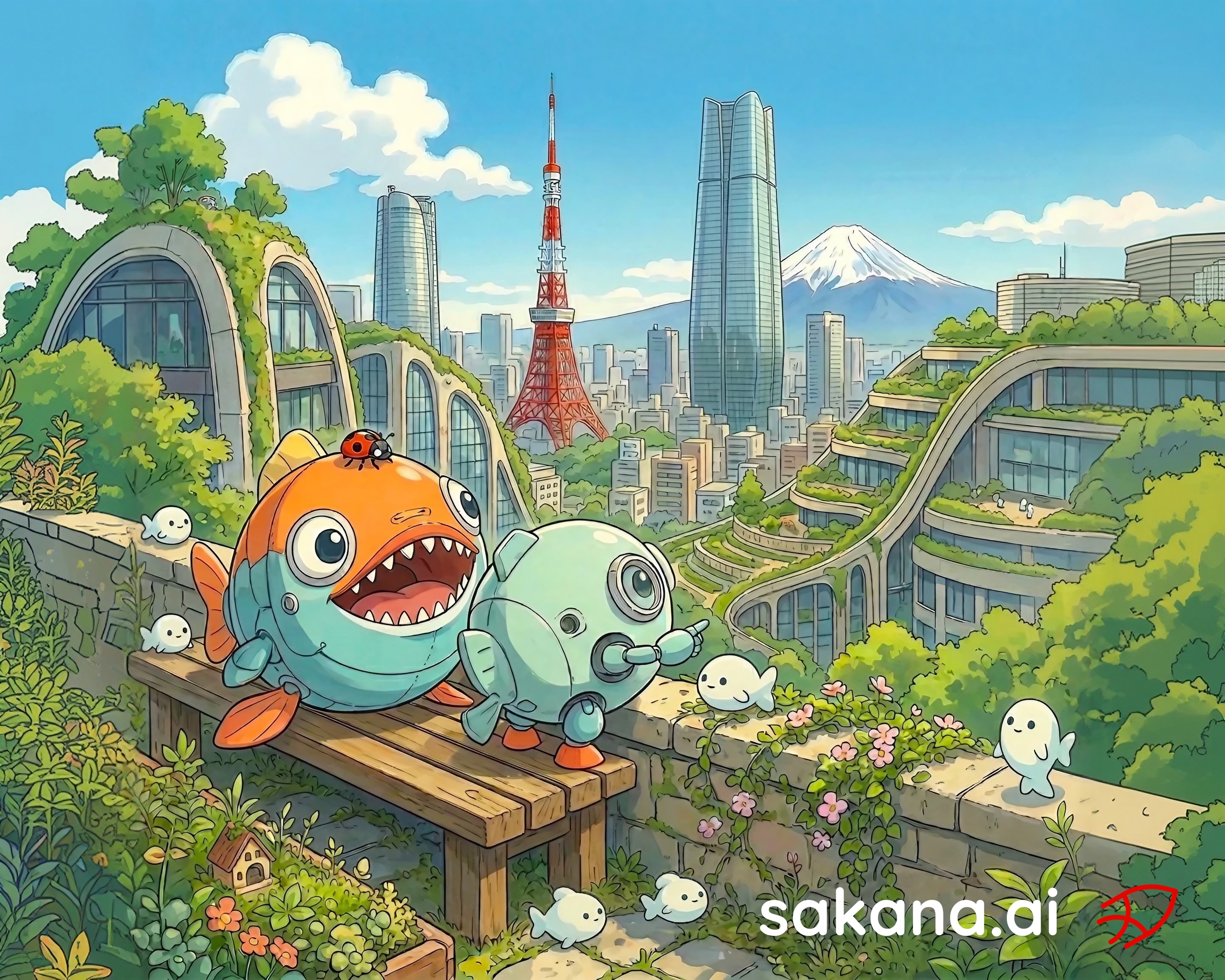 FUGU — a pufferfish overlooking a green futuristic Tokyo, Sakana AI